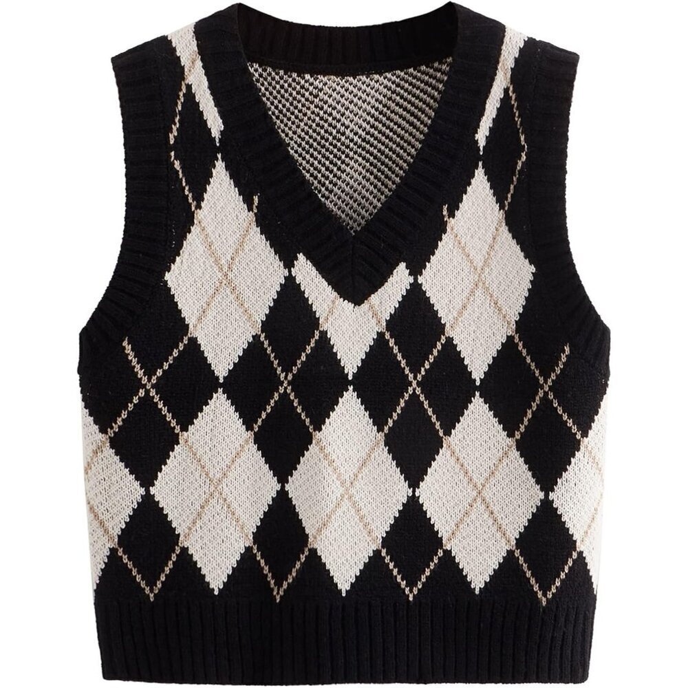 Women's Plaid Knit Sweater Vest Sleeveless V Neck Casual Tank Top Small